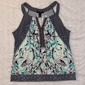 White House Black Market Mint and Black Patterned Beaded Sleeveless Blouse